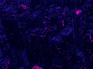 Preview wallpaper city, buildings, aerial view, purple, dark