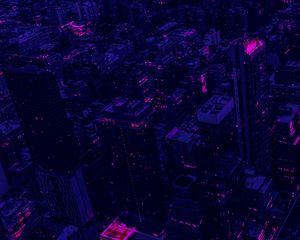 Preview wallpaper city, buildings, aerial view, purple, dark