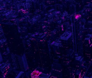 Preview wallpaper city, buildings, aerial view, purple, dark