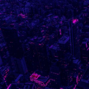 Preview wallpaper city, buildings, aerial view, purple, dark