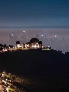 Preview wallpaper city, buildings, aerial view, night, fog