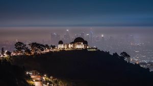Preview wallpaper city, buildings, aerial view, night, fog