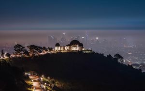 Preview wallpaper city, buildings, aerial view, night, fog