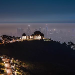 Preview wallpaper city, buildings, aerial view, night, fog