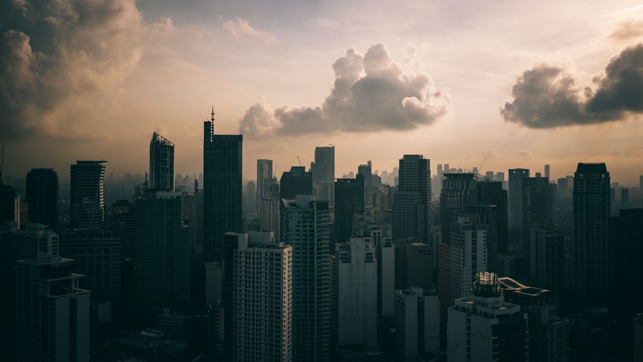 Wallpaper city, buildings, aerial view, skyscrapers, clouds