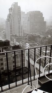 Preview wallpaper city, buildings, aerial view, fog, bw