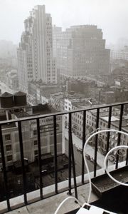 Preview wallpaper city, buildings, aerial view, fog, bw