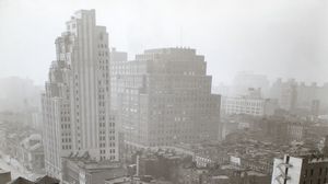 Preview wallpaper city, buildings, aerial view, fog, bw