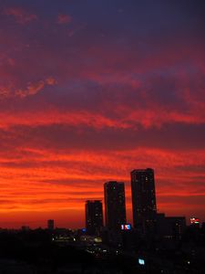 Preview wallpaper city, buildings, aerial view, dusk, sunset