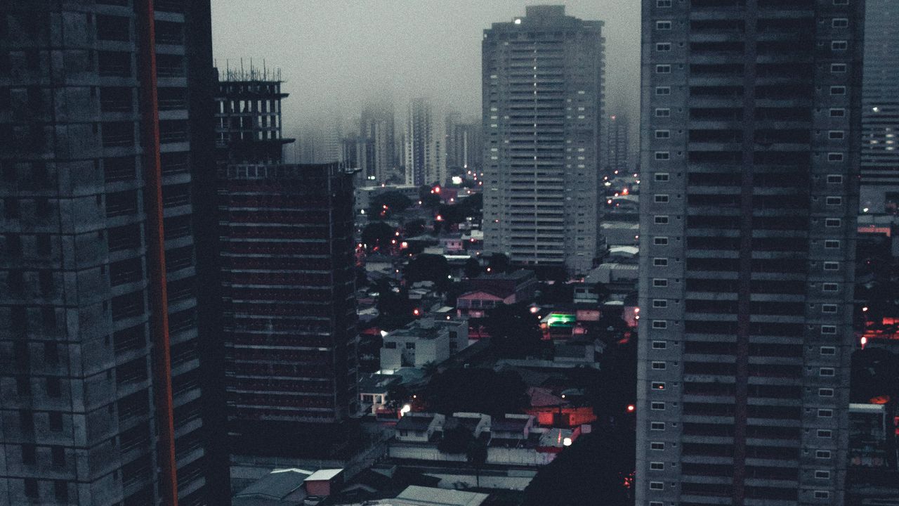 Wallpaper city, buildings, aerial view, fog