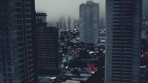 Preview wallpaper city, buildings, aerial view, fog