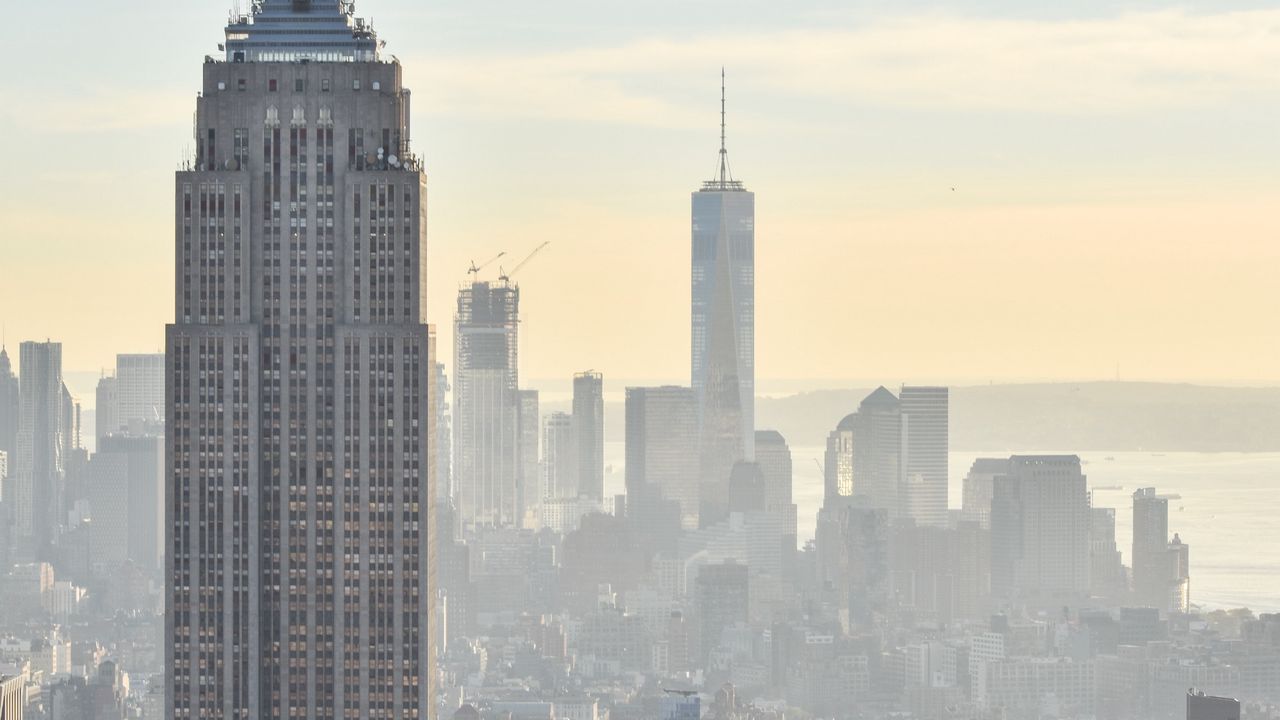Wallpaper city, buildings, aerial view, fog, metropolis