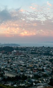 Preview wallpaper city, buildings, aerial view, clouds, fog