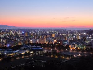 Preview wallpaper city, buildings, aerial view, dusk, cityscape