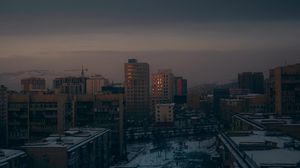 Preview wallpaper city, buildings, aerial view, dusk, snow, winter