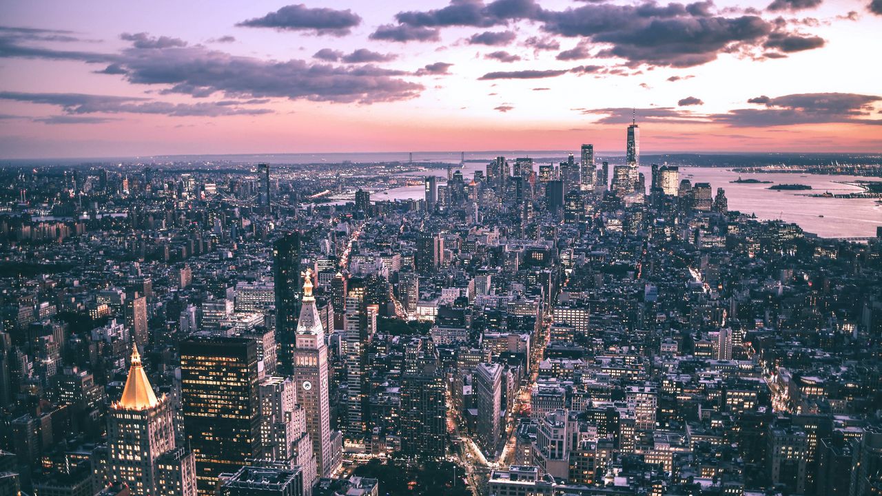 Wallpaper city, buildings, aerial view, coast, dusk, new york