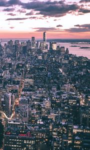 Preview wallpaper city, buildings, aerial view, coast, dusk, new york