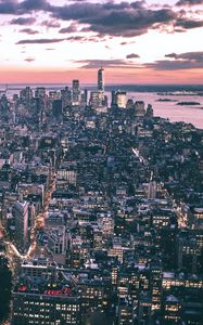 Preview wallpaper city, buildings, aerial view, coast, dusk, new york