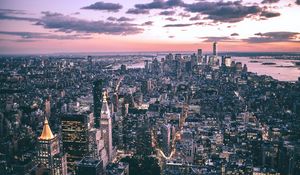 Preview wallpaper city, buildings, aerial view, coast, dusk, new york