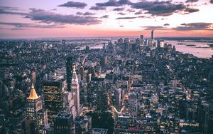Preview wallpaper city, buildings, aerial view, coast, dusk, new york