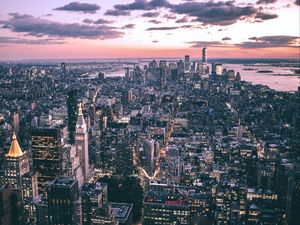 Preview wallpaper city, buildings, aerial view, coast, dusk, new york