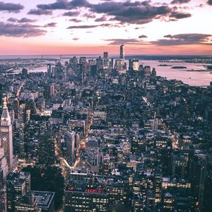 Preview wallpaper city, buildings, aerial view, coast, dusk, new york