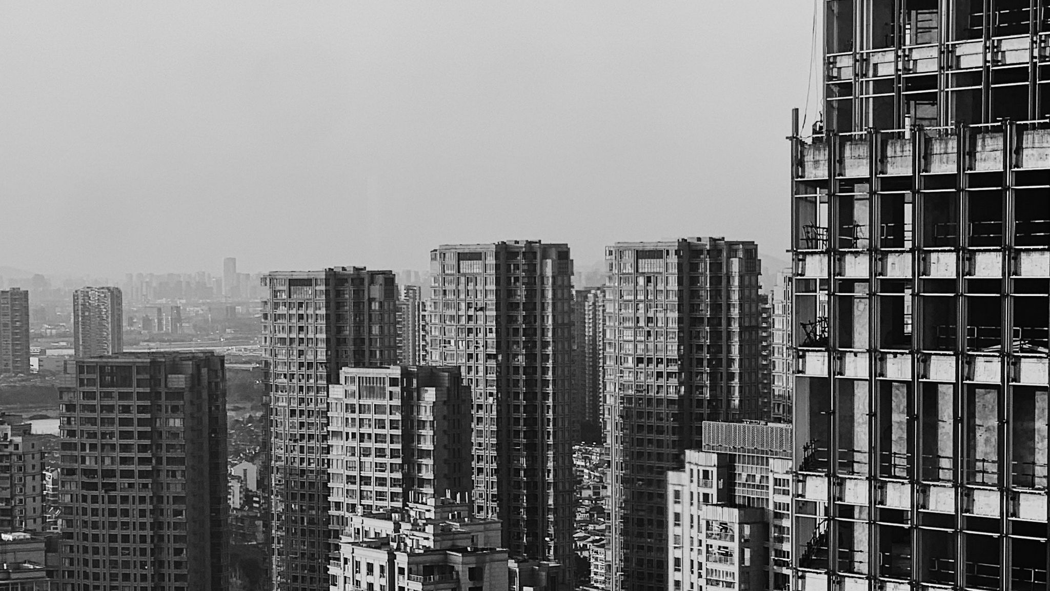 Download wallpaper 2048x1152 city, buildings, aerial view, bw ultrawide ...