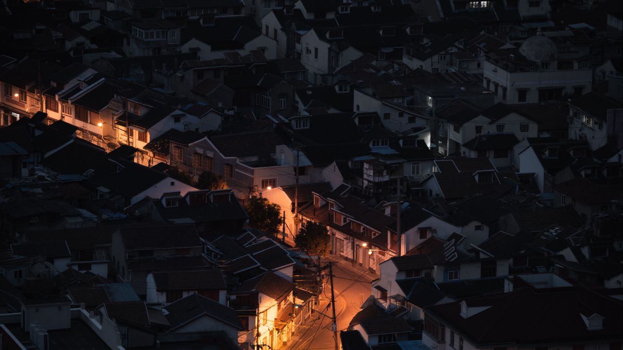 Wallpaper city, buildings, aerial view, light, road, night