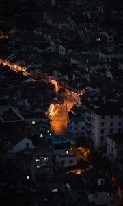 Preview wallpaper city, buildings, aerial view, light, road, night