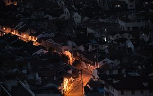 Preview wallpaper city, buildings, aerial view, light, road, night