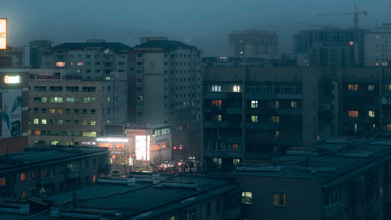 Wallpaper city, buildings, aerial view, lights, twilight, fog