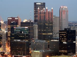 Preview wallpaper city, buildings, aerial view, lights, twilight