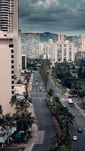 Preview wallpaper city, buildings, aerial view, palm trees, road