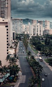 Preview wallpaper city, buildings, aerial view, palm trees, road