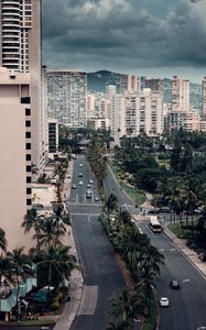 Preview wallpaper city, buildings, aerial view, palm trees, road