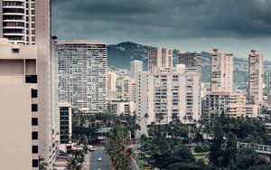 Preview wallpaper city, buildings, aerial view, palm trees, road