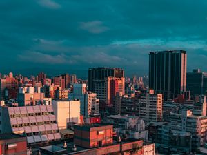 Preview wallpaper city, buildings, aerial view, cityscape, sunset