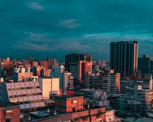 Preview wallpaper city, buildings, aerial view, cityscape, sunset