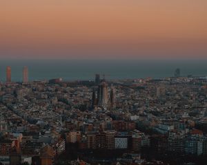 Preview wallpaper city, buildings, aerial view, cityscape, sea, twilight