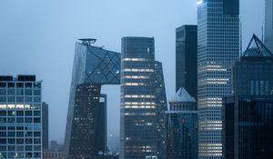 Preview wallpaper city, buildings, aerial view, road, lights, twilight