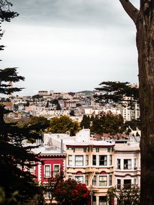 Preview wallpaper city, buildings, aerial view, architecture, branches, trees