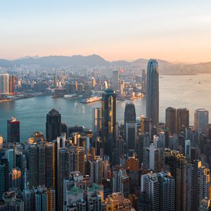 Preview wallpaper city, buildings, aerial view, river