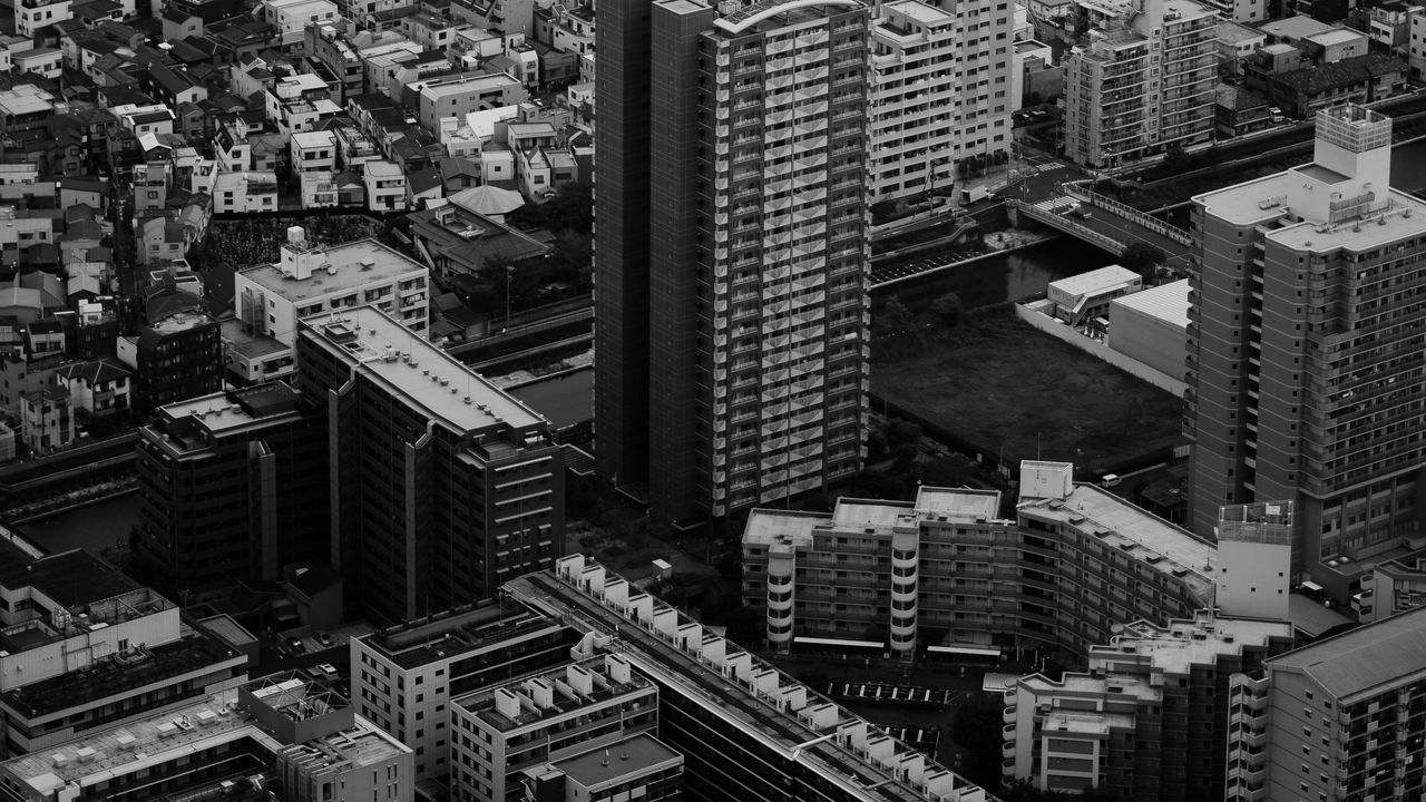 Wallpaper city, buildings, aerial view, architecture, black and white