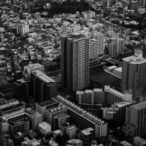 Preview wallpaper city, buildings, aerial view, architecture, black and white