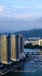 Preview wallpaper city, buildings, aerial view, skyscrapers, river