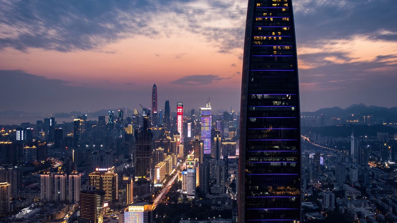 Wallpaper city, buildings, aerial view, lights, metropolis, twilight