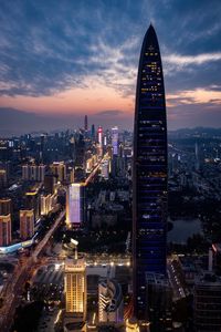 Preview wallpaper city, buildings, aerial view, lights, metropolis, twilight