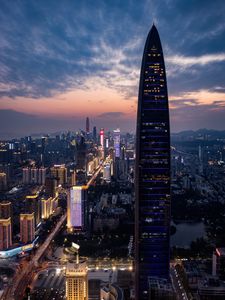 Preview wallpaper city, buildings, aerial view, lights, metropolis, twilight