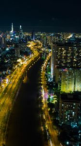 Preview wallpaper city, buildings, aerial view, night, lights