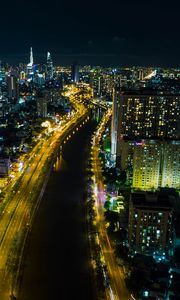 Preview wallpaper city, buildings, aerial view, night, lights